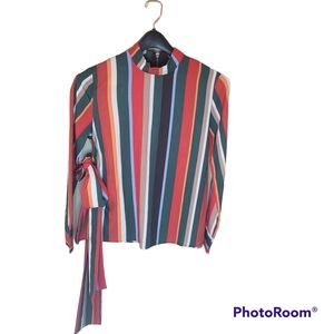 Muriell's Closet blue, red, green, gold, and white striped blouse. Size …